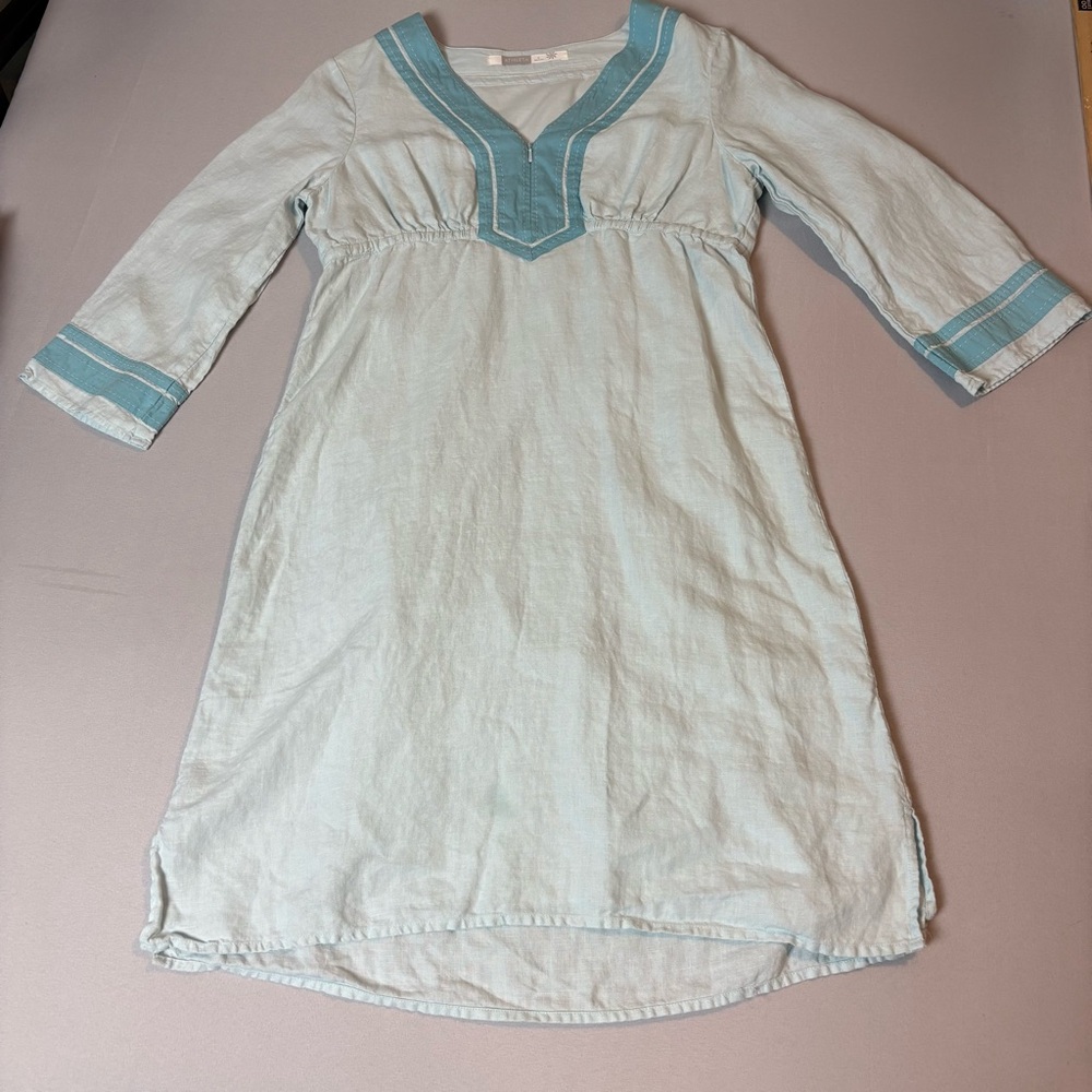 Athleta Blue 100% Linen Dress with V-Neck and Cuffed Sleeves Size S